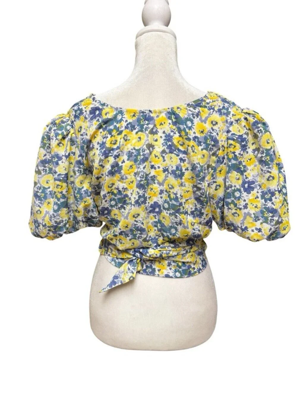ASTR The Label Floral Crop Top Puff Sleeve Wrap Blue Yellow Size M